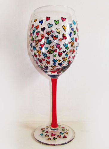 Hand Painted Wine Glass with Hearts Design by Louise Poulsom