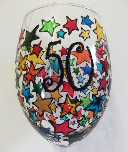 50th Birthday Hand Painted Wine Glass by Louise Poulsom