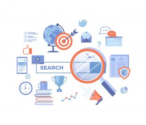 Web search technology, Search engine, SEO, Data finding. Search bar with result elements. Web banner, infographics. Vector illustration on white background.