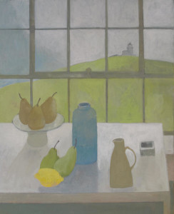 wendy-jacob-still-painting-pears-lemon-water-jug-on-top-of-the-table-by-the-window