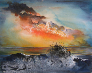 kezia-noel-paton-wave-breaking-against-a-rock-sunset-(oil-on-board)
