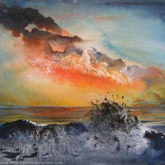kezia-noel-paton-wave-breaking-against-a-rock-sunset-(oil-on-board)
