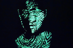 Kyle Theo,  self-portrait-finger print,  Luminous pigment, Chinese ink paste on paper, 150 x 100 cm  (In the dark)