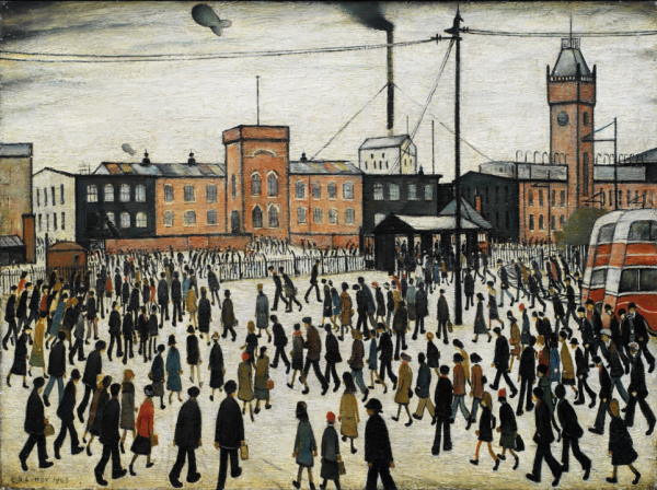 L.S. Lowry's Going to Work, a painting with a white ground and white sky and dark figures walking