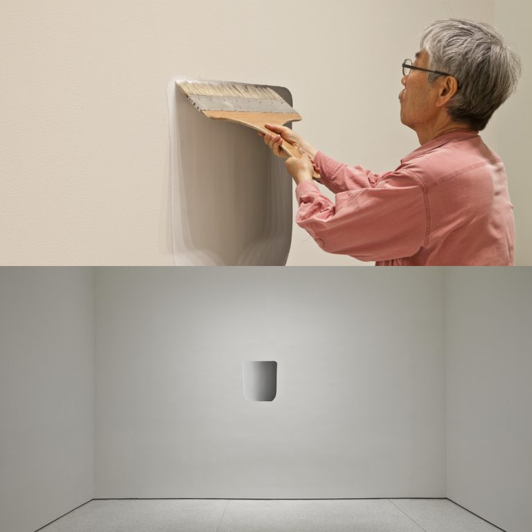 Artist Lee Ufan painting his work Dialoguie—space right on a white gallery wall.