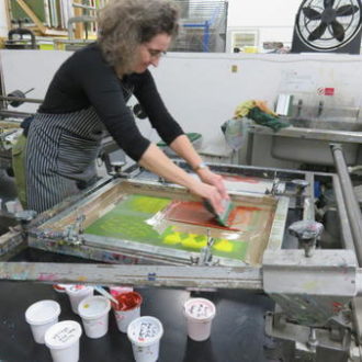 lucy-austin-silkscreen-printing-at-her-studio-with-materials-needed-for-silkscreen-printing