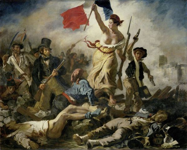 Eugène Delacroix, Liberty Leading the People, 1830 shows a red flag waved by liberty, france, 