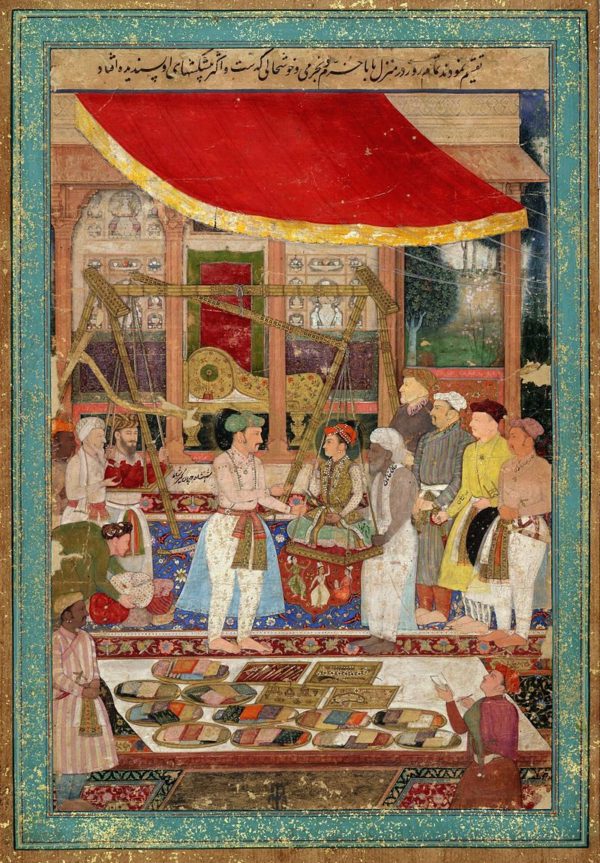 Emperor Jahangir weighs Prince Khurram, Manohar Das, 1610–15 under a red canopy