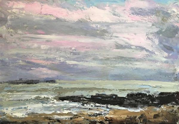 oil on paper, pink clouds and waves