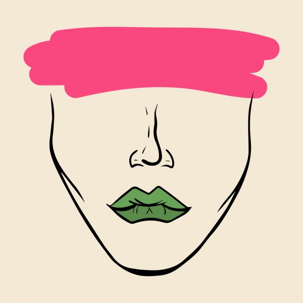 incognito woman face with green lips and pink brushstroke over eyes