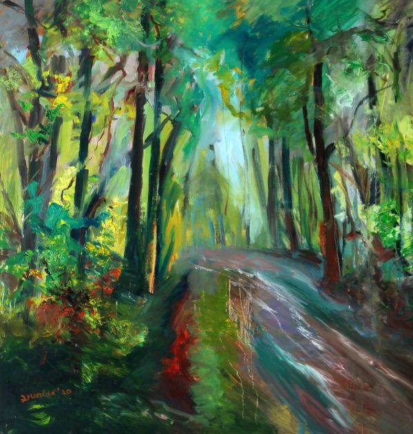 Painting with lots of green of a forest after the rain