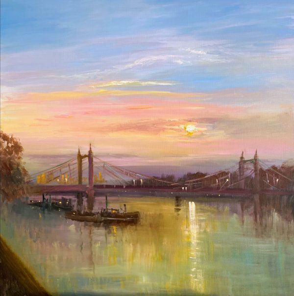 Painting of the Albert Bridge at sunrise, Thames River