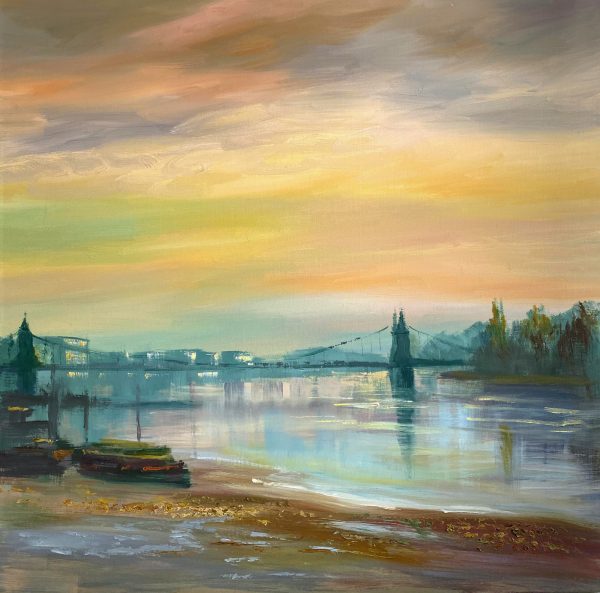 Painting of Hammersmith Bridge across the river Thames on a misty morning