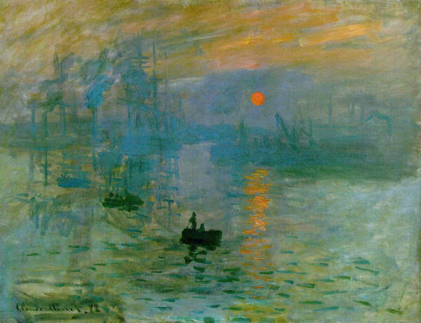 Claude Monet's Impression/Sunrise, blue and green water and sky with stark orange sun and reflection in water