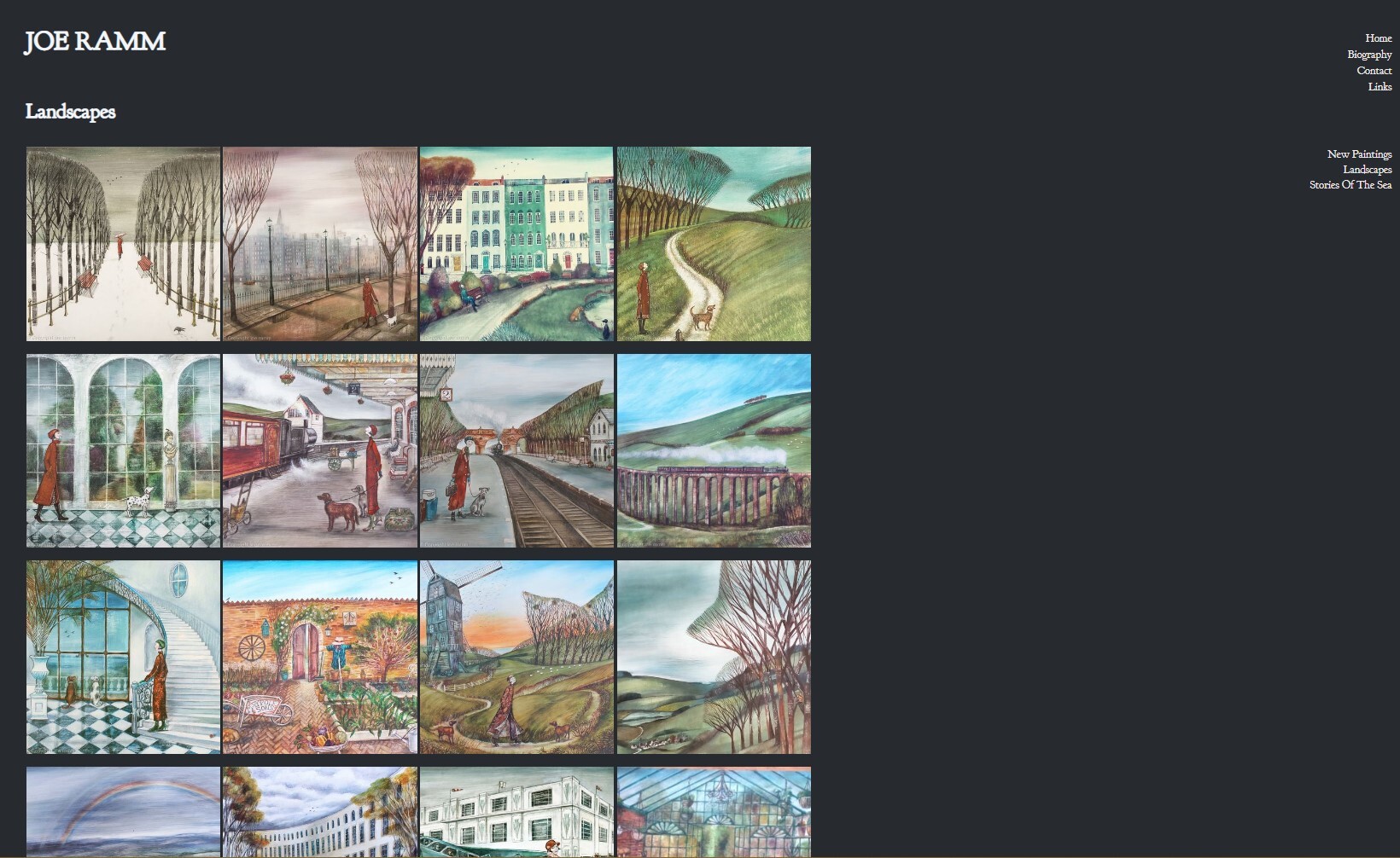 Web gallery page with a black background and a grid of colorful paintings