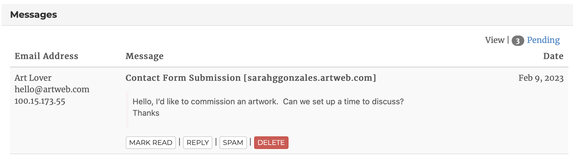 Contact Form Submission in Artweb control panel