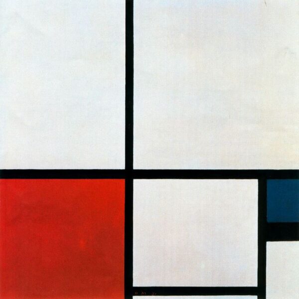 Piet Mondrian's composition painting with squares of red, blue and white separated by black lines