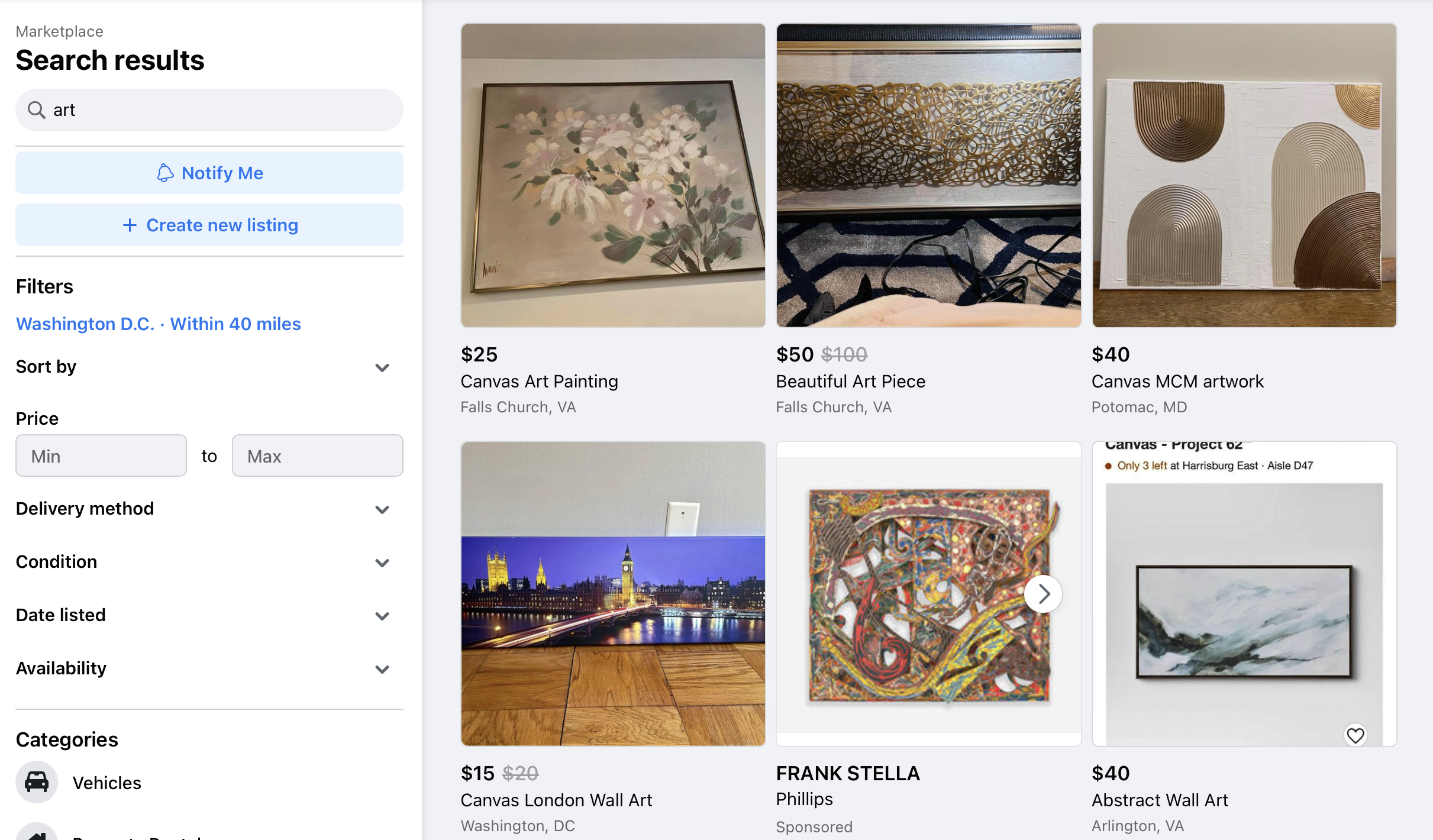 Facebook marketplace for selling art