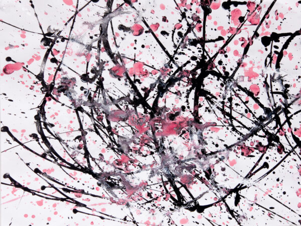 A white, black and pink painting in the abstract expressionism style using the drip technique