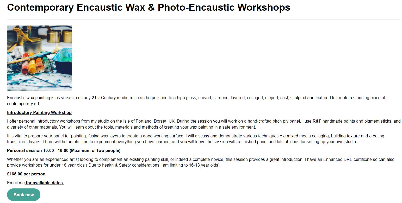 A workshop description for an encaustic wax workshop giving details about time, number of participants and workshop objectives, contact info