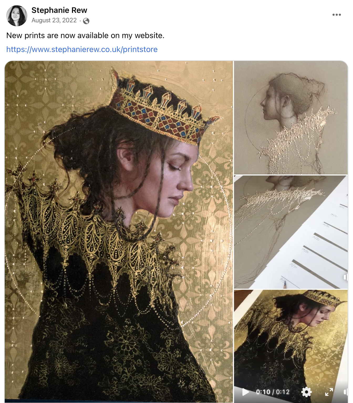 Stephanie Rew directs Facebook visitors to her artist website, where she sells art directly via an online store. 