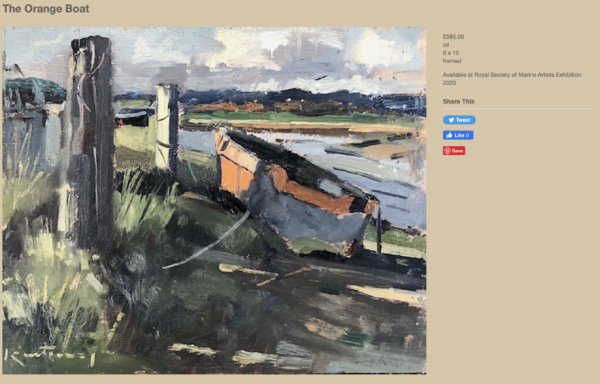 Painting of a small orange boat tied up near the water's edge.