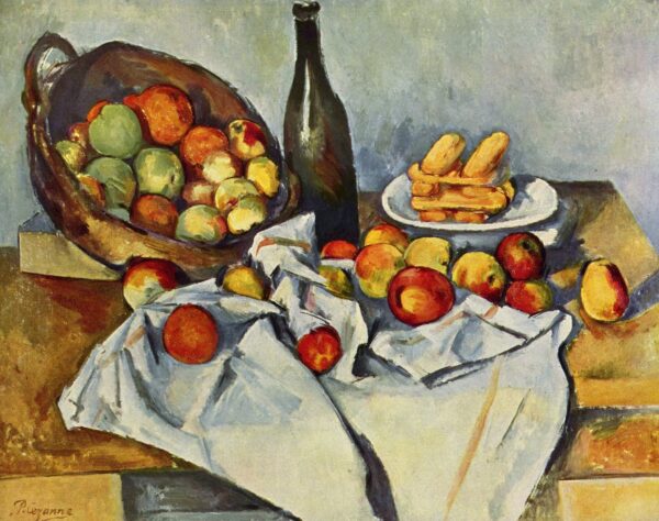 Still life painting of a fruit bowl, bottle of wine and cookies on a plate.