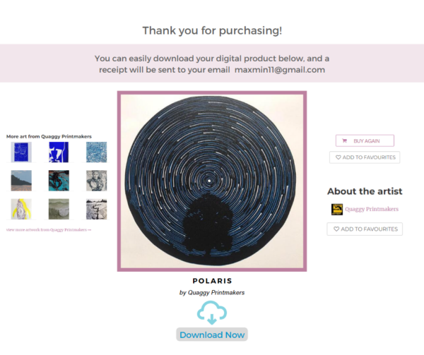 Screen shot of a digital print purchase confirmation page with a download now button.