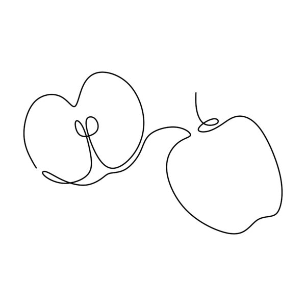 One continuous line drawing of an apple in halves.