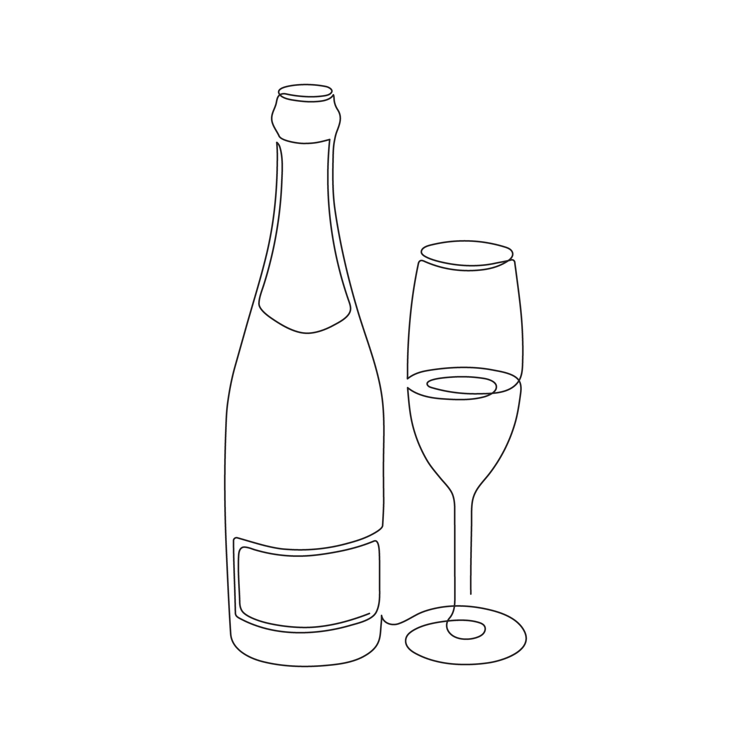 Hand drawn bottle of champagne and glass drawn in one continuous line