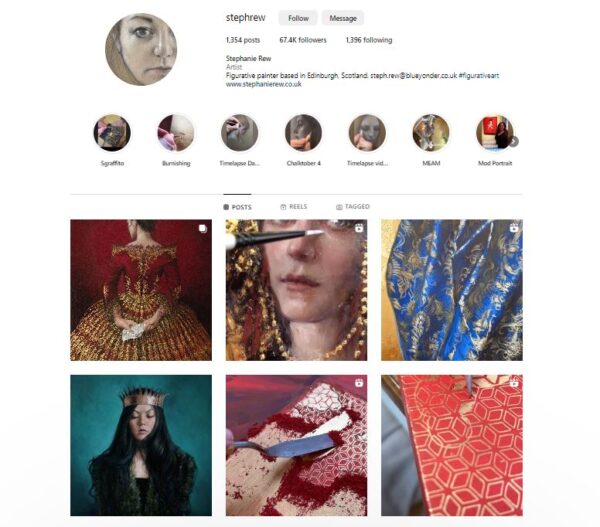 Screenshot of Artweb artist Steph Rew's Instagram homepage boasting over 67K followers.