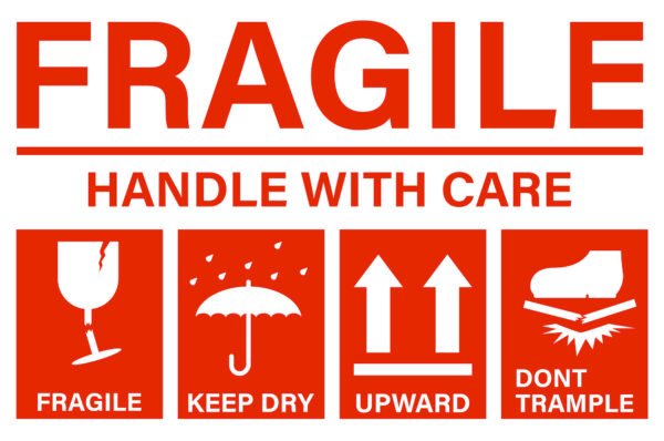 Red Fragile label for shipping with pictographs