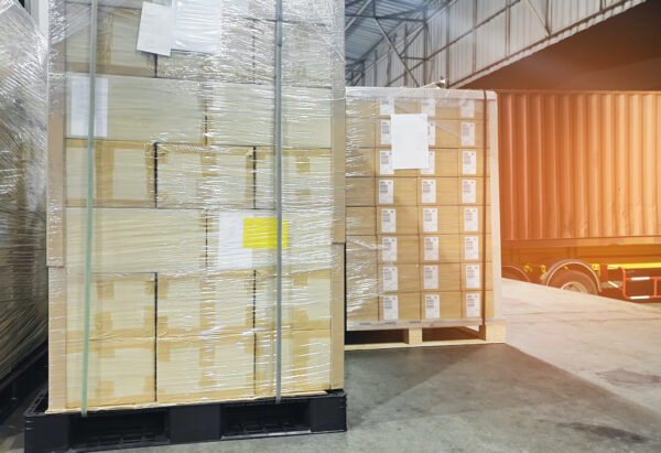 palettes with boxes ready for shipping in a warehouse