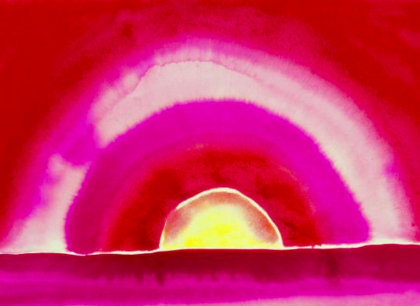 Geogia O'Keefe's Sunrise painted with red, magenta and yellow colors.