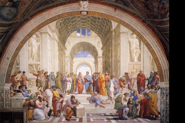Raphael’s School of Athens fresco with a row of arches showing perspective down the middle of the painting