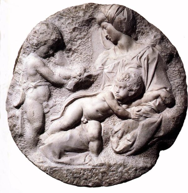 Michelangels's Taddei Tondo relief of madonna and child and baptist