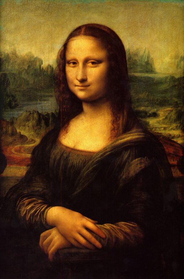 Mona Lisa painting showing perspective directing viewers over her left shoulder to the bridge in the far distance.