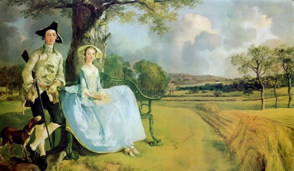 Watercolor painting of 17th century couple and dog sitting under tree against a green field backdrop.
