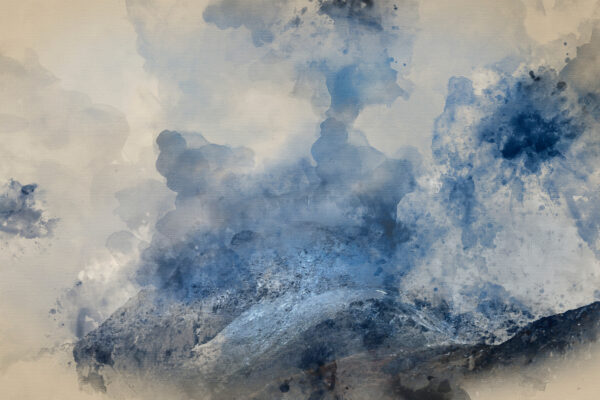 Digital watercolor painting of Stunning moody dramatic Winter landscape image of snowcapped Tryfan mountain in Snowdonia