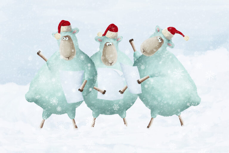 Cartoon Christmas art featuring sheep with Santa hats singing carols in the snow
