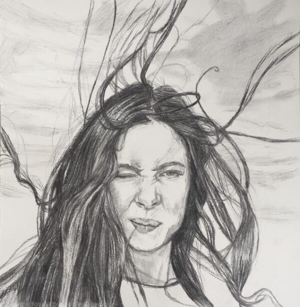 Charcoal sketch of a woman who hair is lifted up by the wind