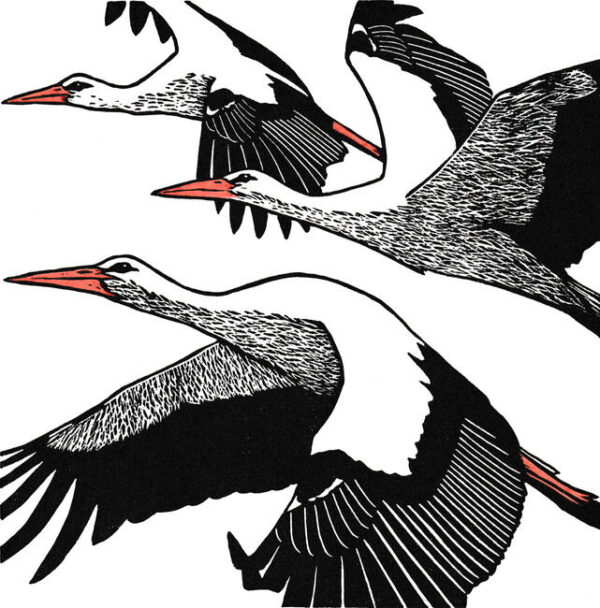 Linocut print of white storks