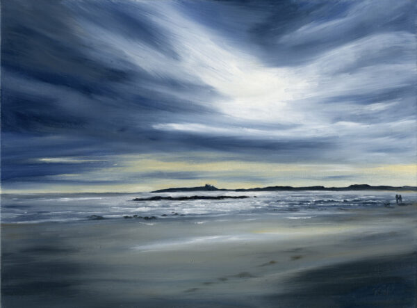 a painting of a dramatic navy blue sky across a sandy beach
