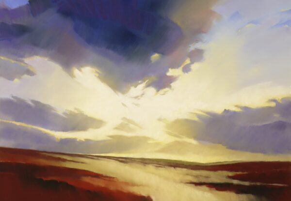 painting of a sunset through parting clouds