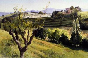 landscape painting of Umbria hillside with tree in foreground