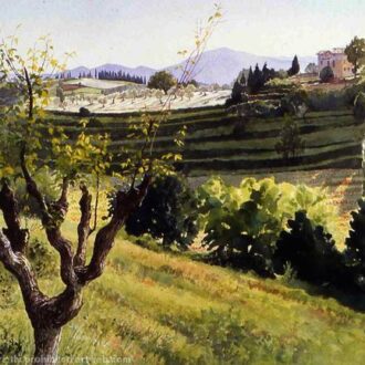 landscape painting of Umbria hillside with tree in foreground