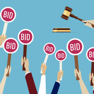 illustration of an auction, arms raised in the air with bid signs and a gavel at top