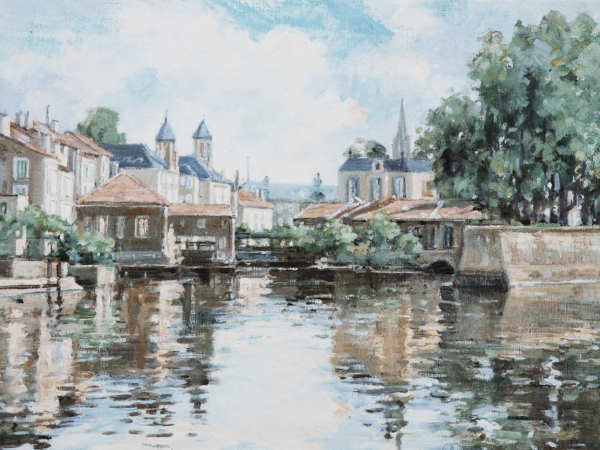 watercolor painting of quaint town on the river with verdant trees